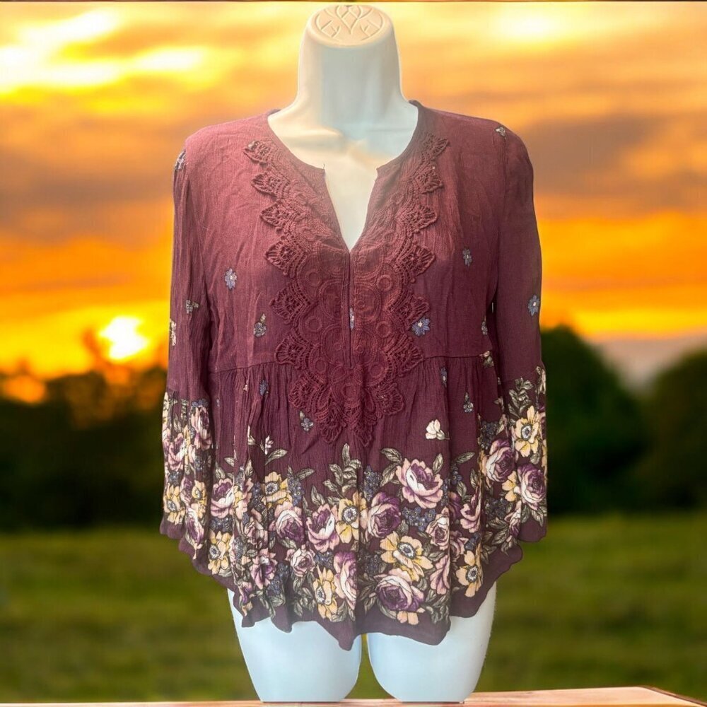 Boho V-Neck Embroidered Floral Blouse Top - Size XS